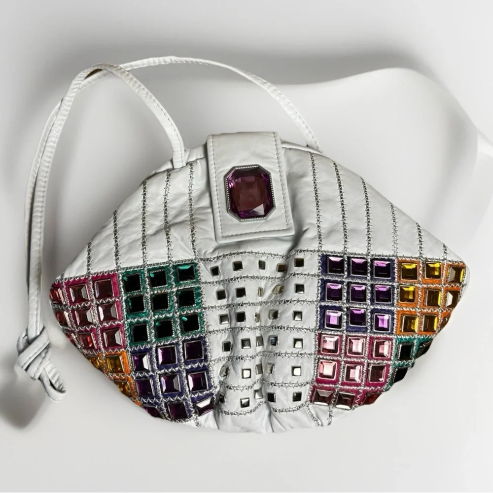 VTG Jeweled White Leather USA Purse 80s 90s Retro Colorful Bling Shoulder Bag - Picture 1 of 12